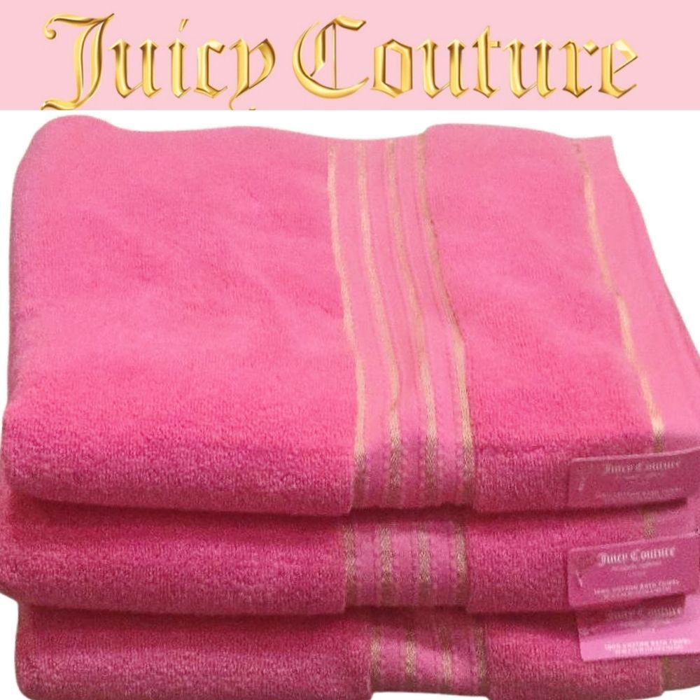 Juicy Couture Home Gold Striped Embroidred Plush Oversized Bath Towel Set- Pink/